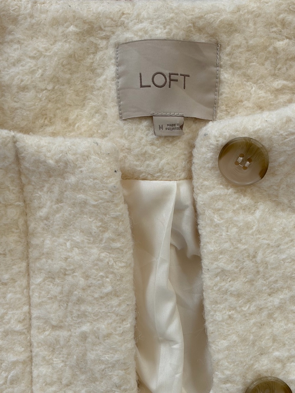 LOFT Ivory Bouclé Coat M Balloon Sleeve Wool Blend Jacket - Picture 3 of 5